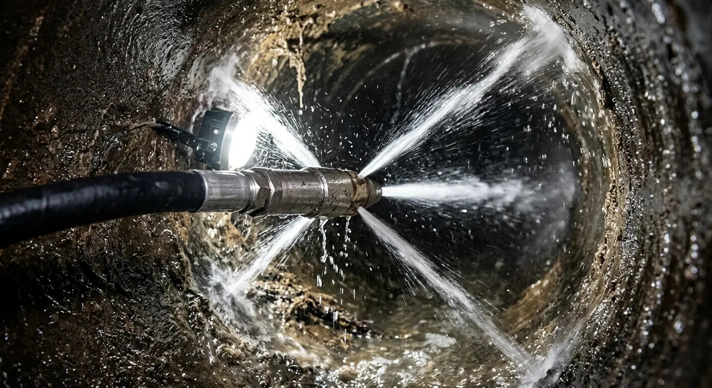 High-pressure hydro jetting nozzle cleaning sewer pipe for Sewer Cleanout in Port Angeles