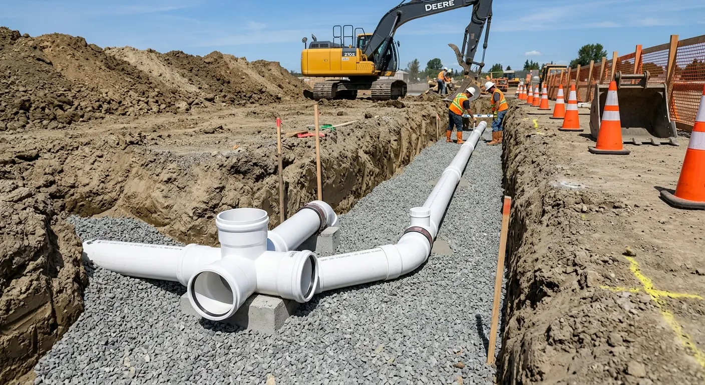 New PVC sewer pipe installation in open trench for Sewer Camera Inspection in Port Angeles