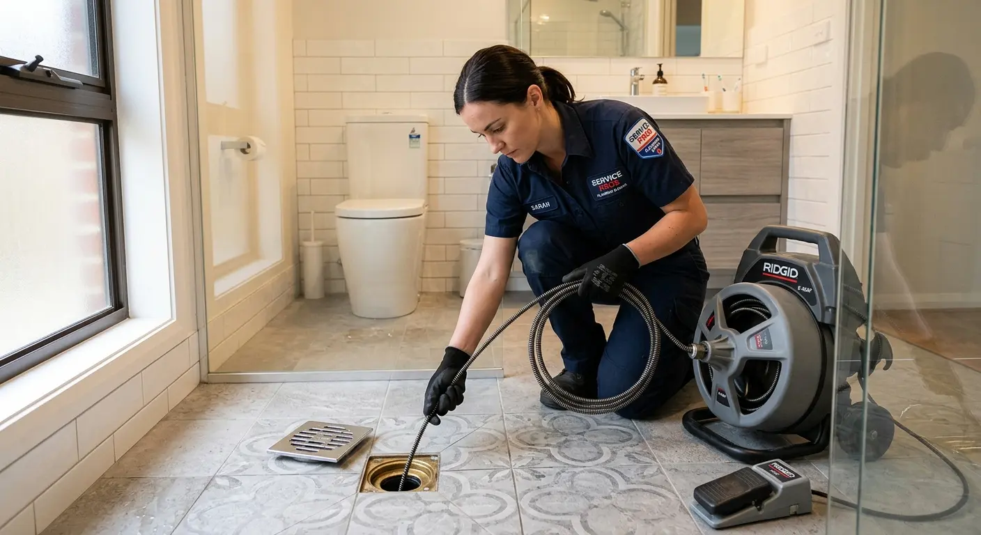 Technician clearing a bathroom floor drain for Sewer Line Replacement in Port Angeles